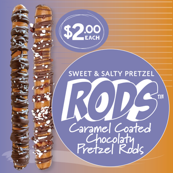 $2 Caramel Coated Chocolaty Pretzel Rods - Salted Caramel & S'mores